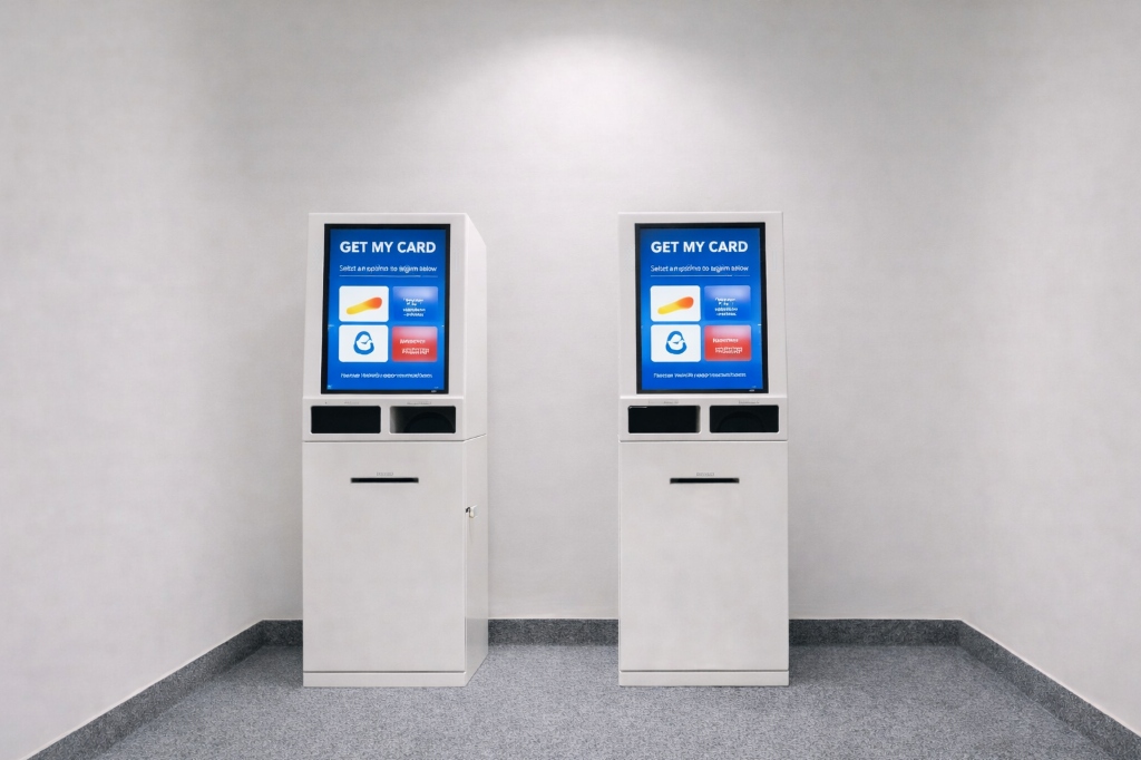 Modern white self-service interactive kiosks by Technobriq